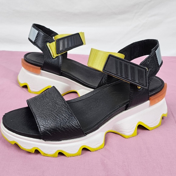 Sorel Women's Platform Sport Sandals Black Yellow Chunky Lug Sole Size 8 - Picture 13 of 16